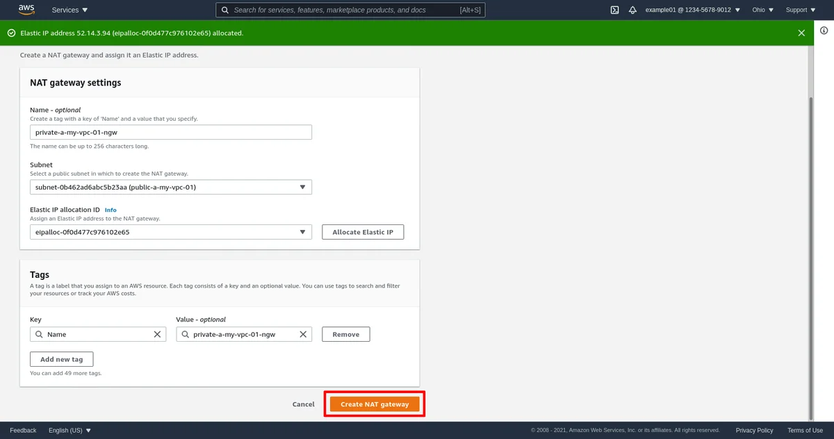 Page de création de la passerelle NAT Pt 2