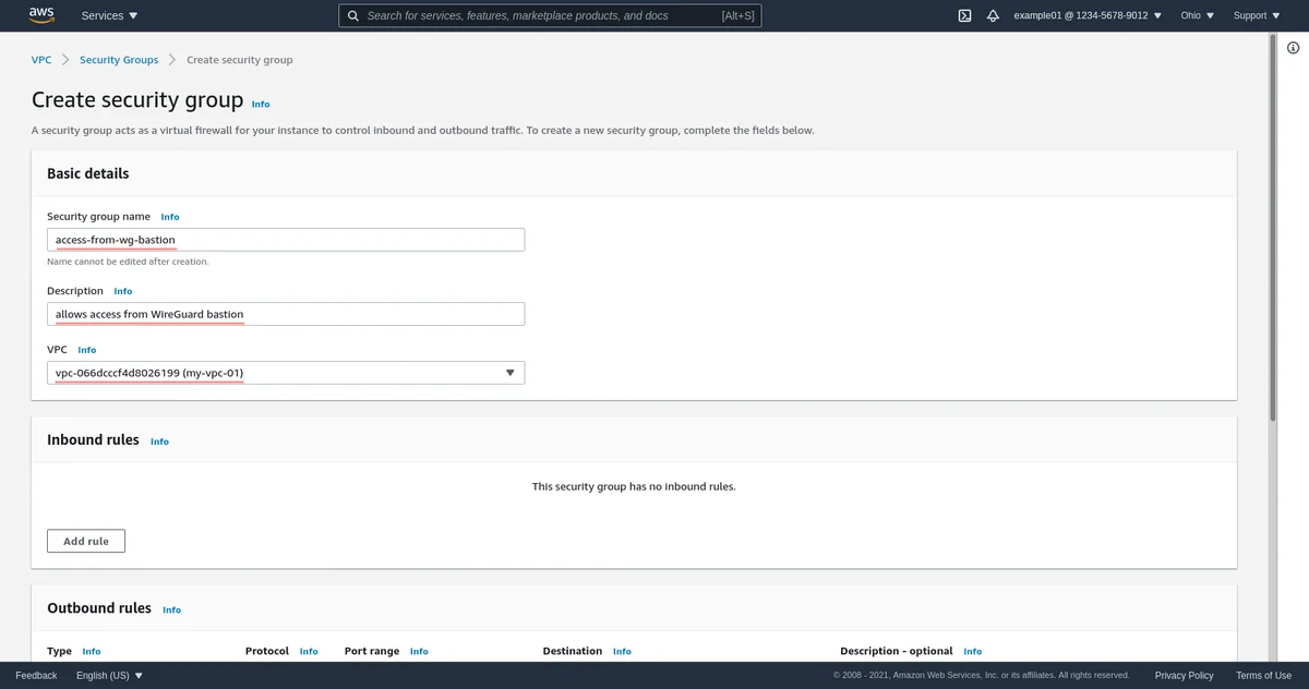 Page de création du groupe de sécurité
