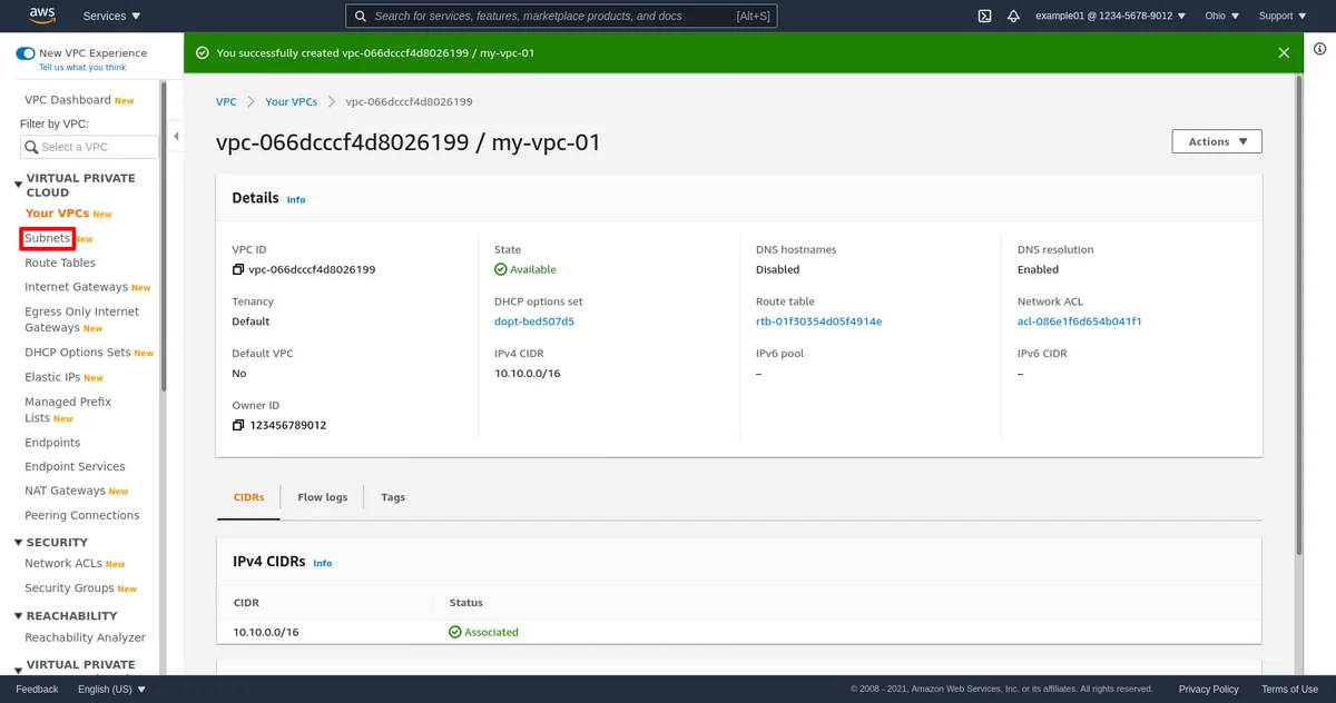 Page détails du VPC