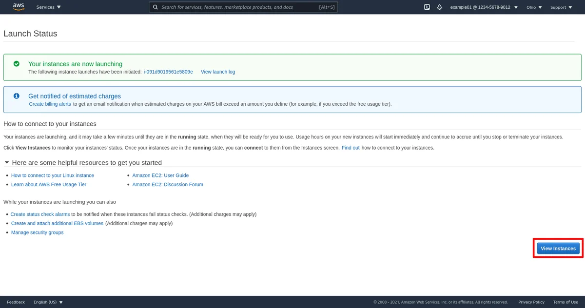 Statut du démarrage des instances