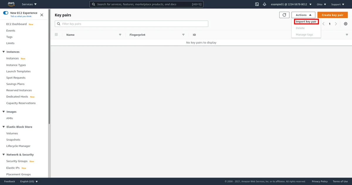 Liste des paires de clés