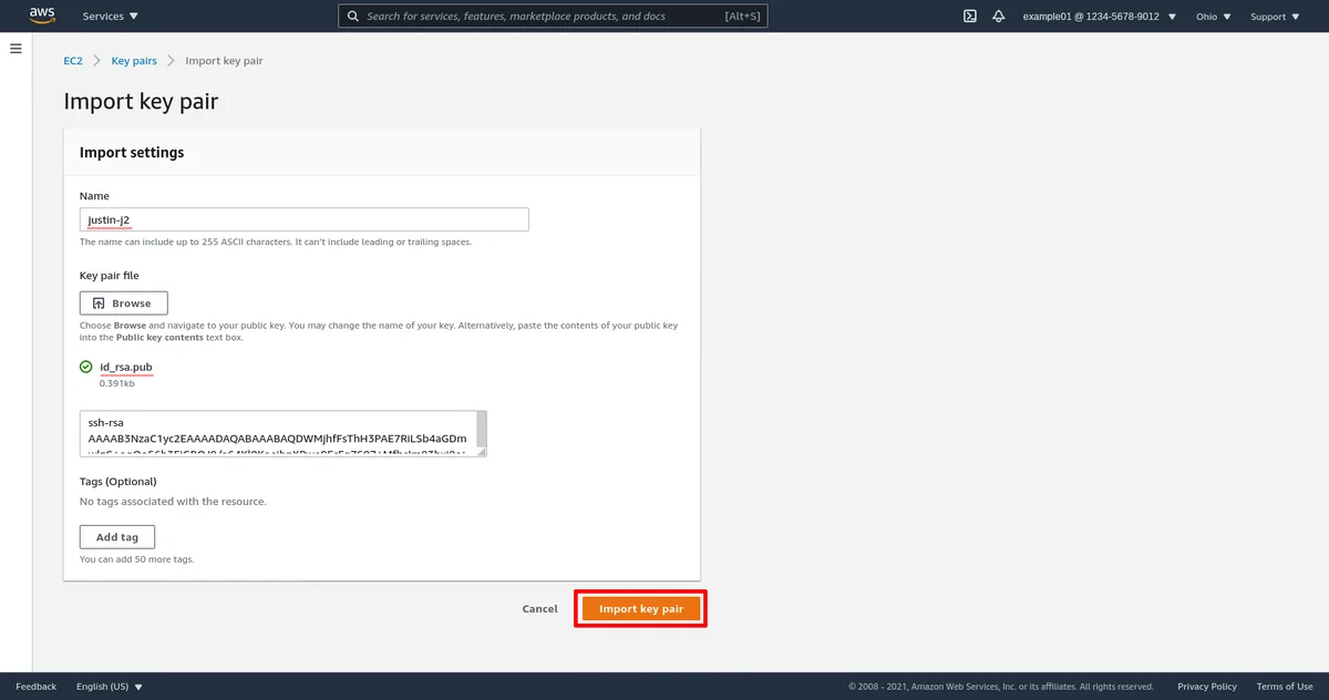 Page d&rsquo;importation de la paire de clés